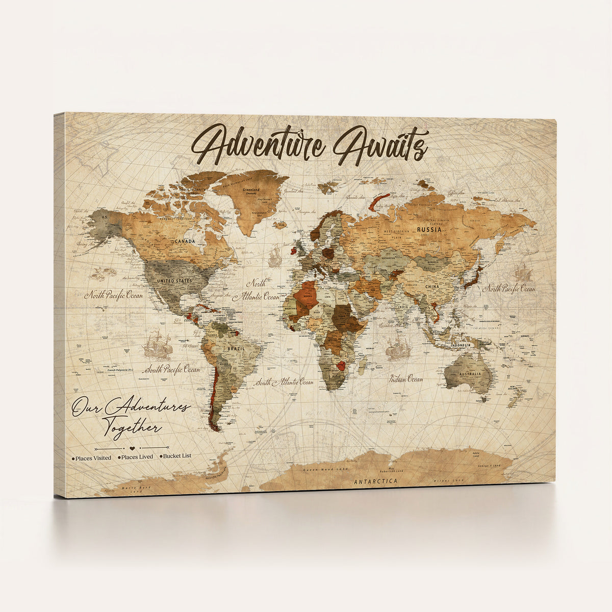 94237870-MGV-CV-36X24 - Our Family Adventures Push Pin World Map Wall Art Canvas Print - Family Travel Tracker Map with Pins