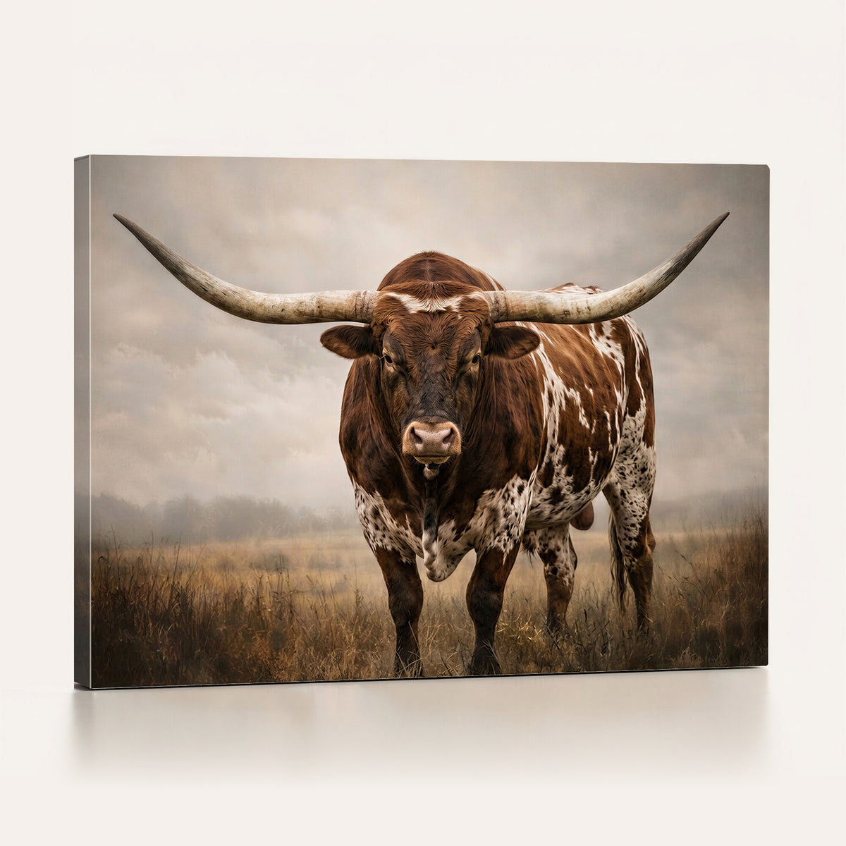 25239047A-MGV-CV-36X24 - Texas Longhorn Canvas Wall Art Western Bull Desert Moody Grey Overcast Rustic Farmhouse Framed Large for Living Room Bedroom Office Decor