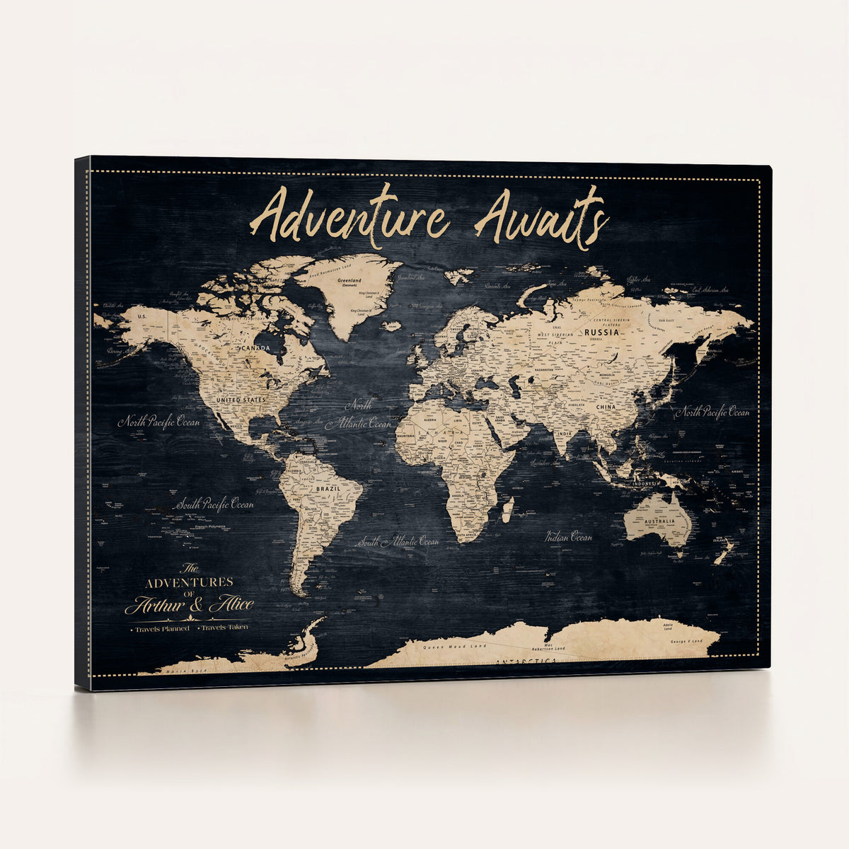 688173822-MGV-CV-36X24 - Extra Large Vintage Personalized Push Pin World Map Wall Art Canvas Print