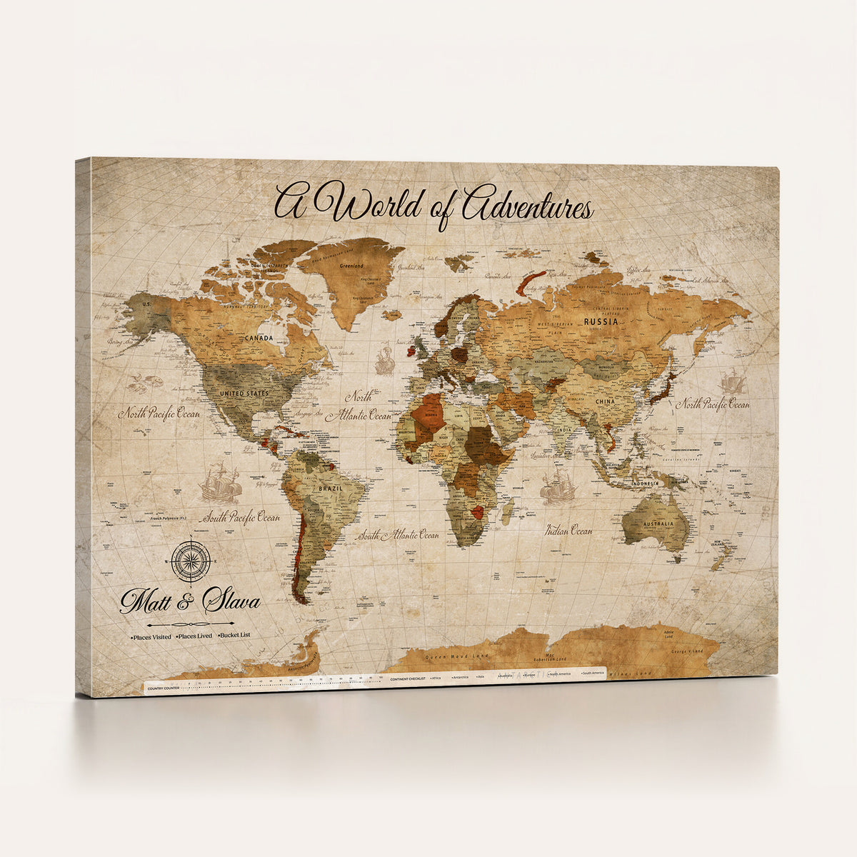 88768647-MGV-CV-36X24 - Extra Large Framed Personalize Push Pin World Map Wall Art Canvas Print for Travel Tracking