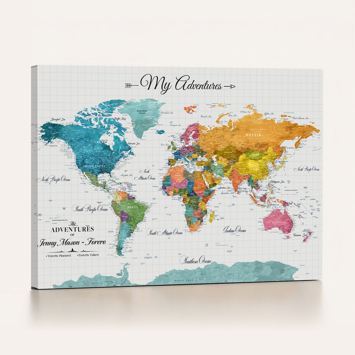 66743043-MGV-CV-36X24 - Extra Large Framed Personalize Push Pin World Map Wall Art Canvas Print for Travel Tracking