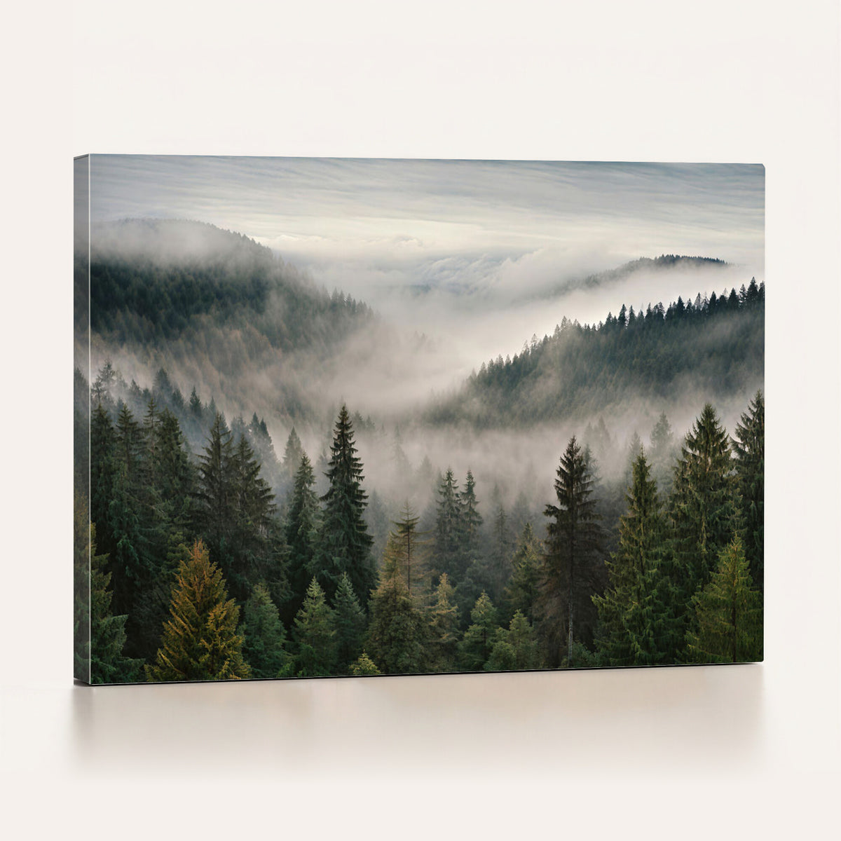 38409495-_Poster-30x20 - Misty Pine Valley Mountain Canvas Print 3 Piece Framed Wall Art Extra Large Floating Frame Nature Poster Made in USA