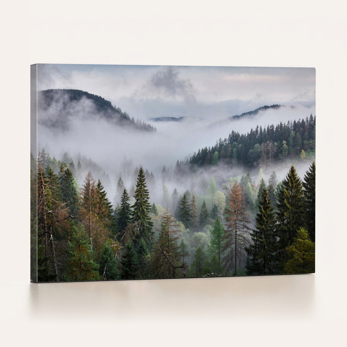 18735847-_Poster-30x20 - Foggy Pine Forest Mountain Canvas Print 3 Piece Framed Wall Art Extra Large Floating Frame Nature Poster Made in USA