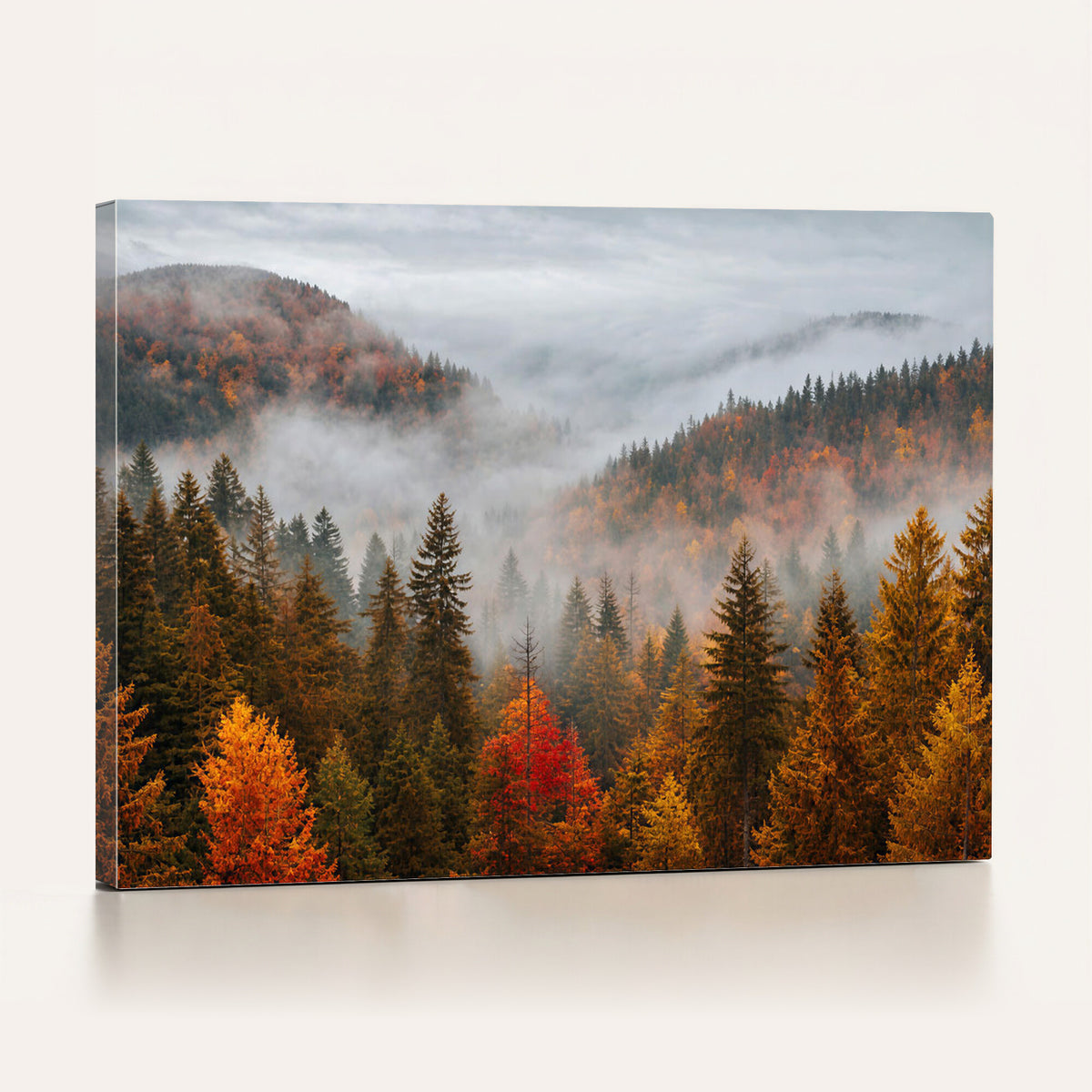 87481341-_Poster-30x20 - Foggy Autumn Mountain Canvas Print Smoky Pine Forest Wall Art Panoramic Nature Poster 3 Piece Made in USA