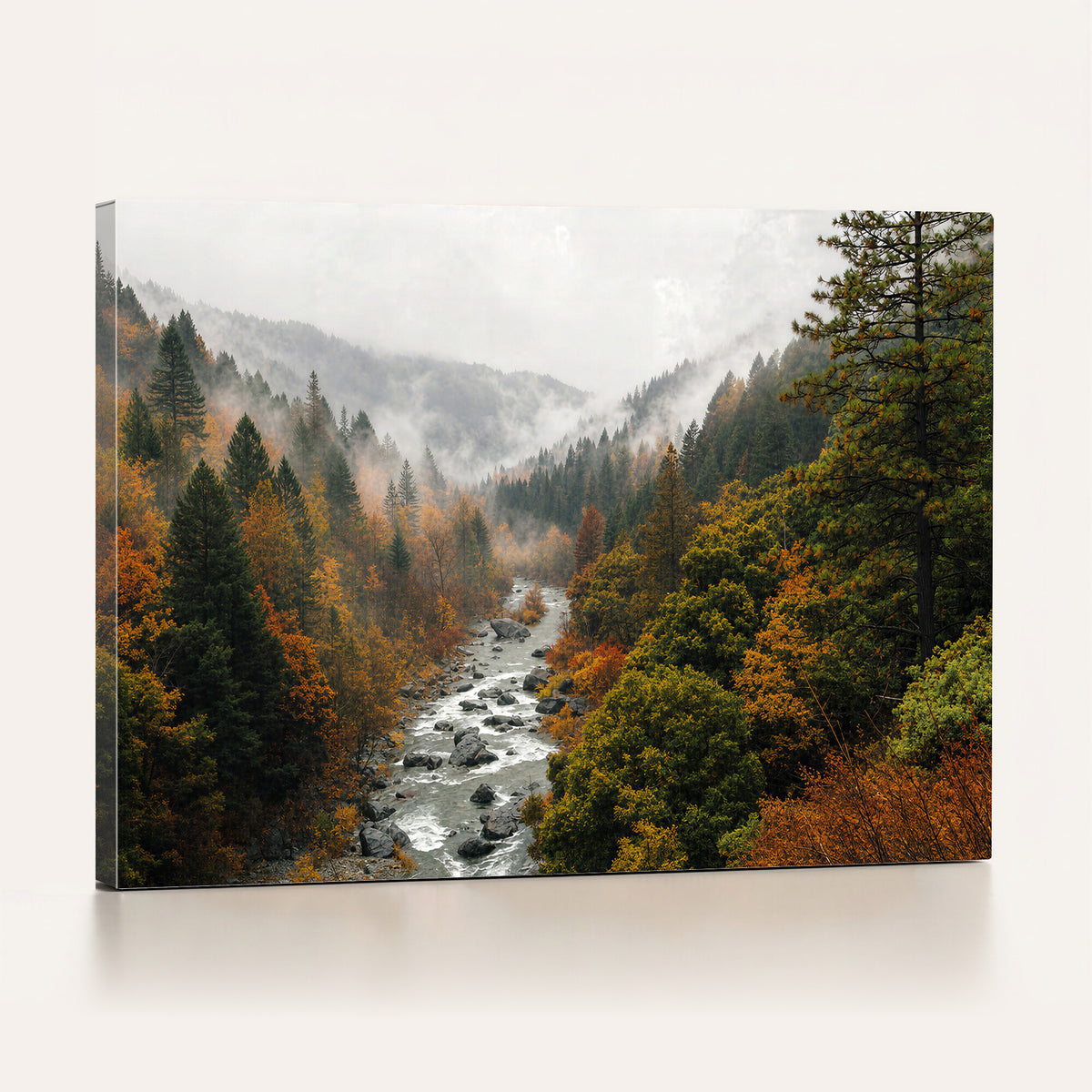 95540697-MGV-TP-30X20 - Misty River Mountain Valley Canvas Wall Art - Autumn Forest Landscape Nature Print