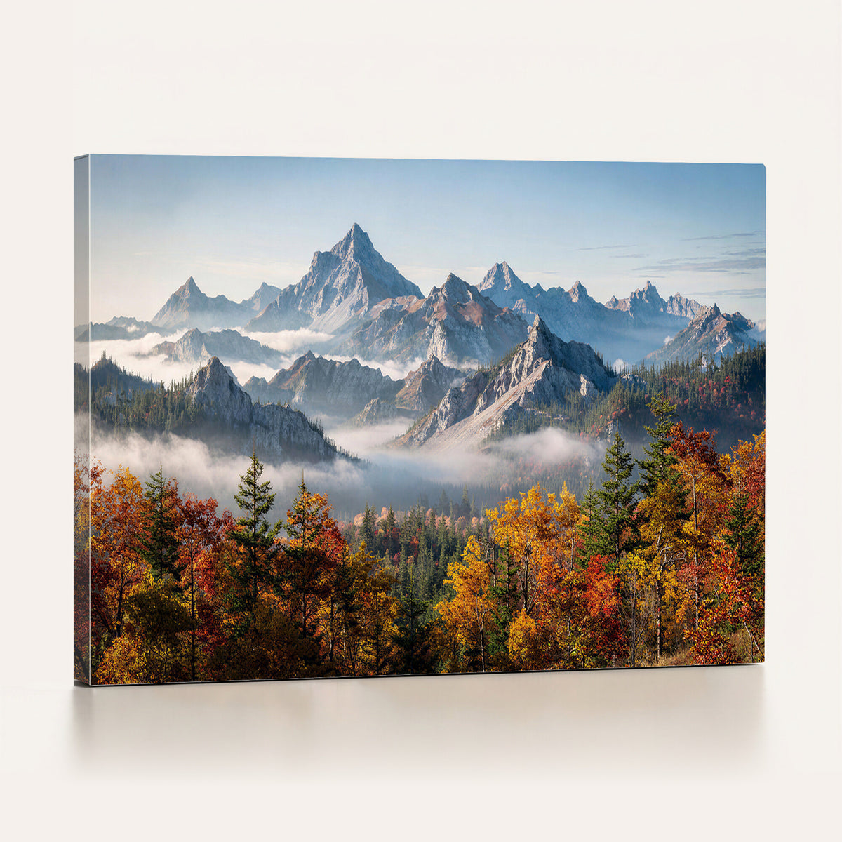 38847944-MGV-TP-30X20 - Majestic Mountain Peak Canvas Wall Art - Panoramic Autumn Forest Fog Landscape Print