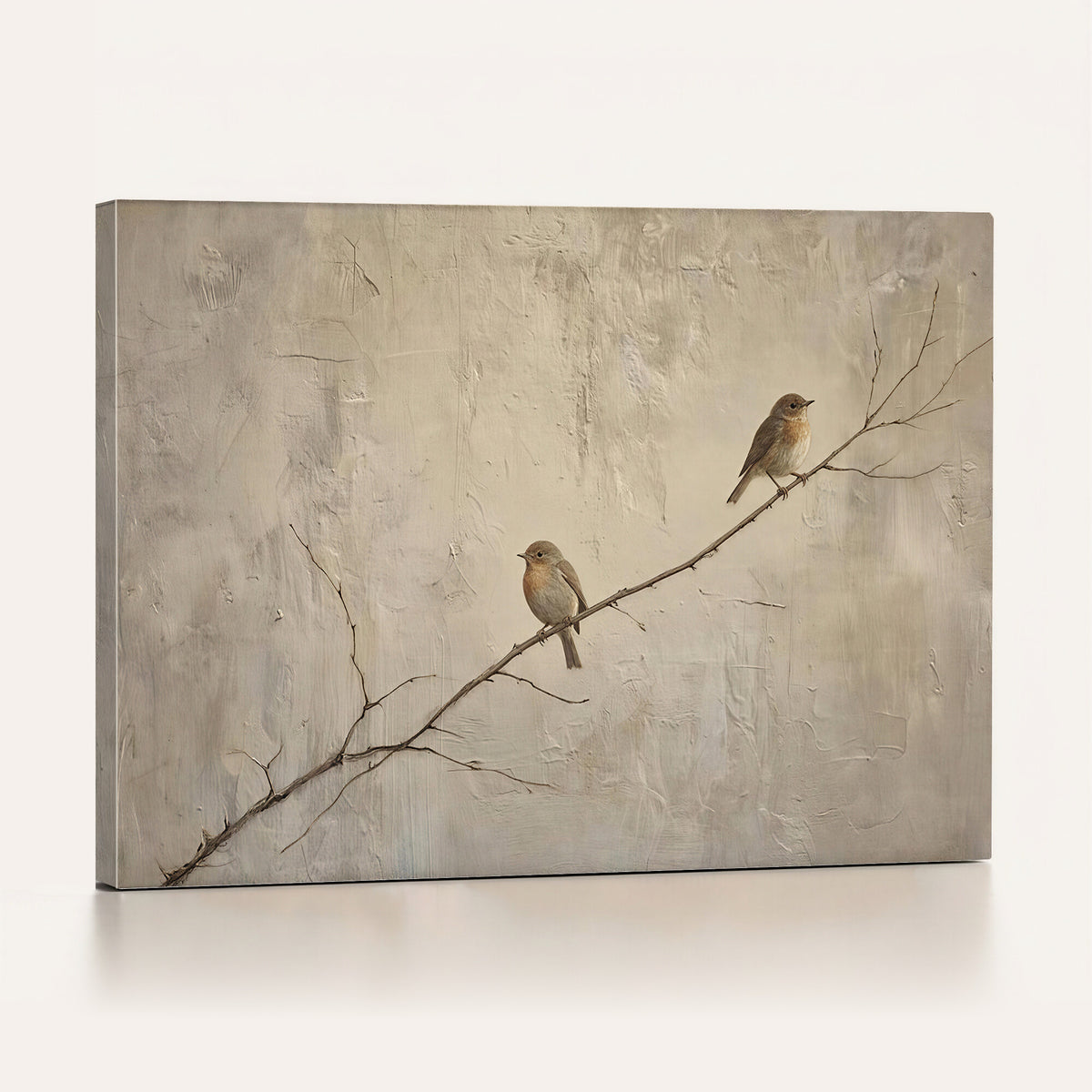 39534226-MGV-TP-30X20 - Two Birds On Tree Branch Canvas Wall Art - Rustic Vintage Cottagecore Neutral Nature Print