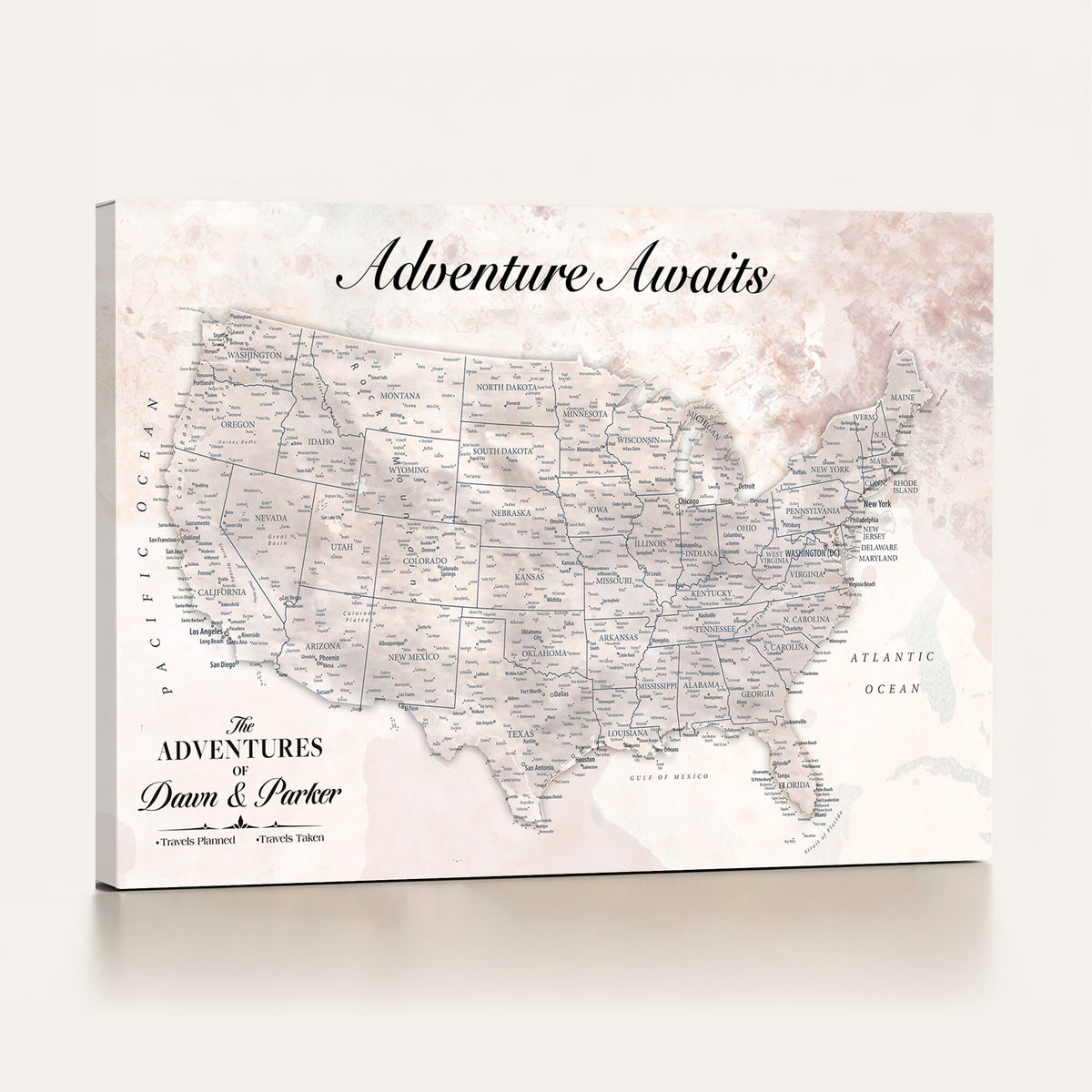 50687859-MGV-CV-36X24 - Custom USA Push Pin Travel Map Canvas Wall Art - Personalized Couples Gift Flat Digital Print