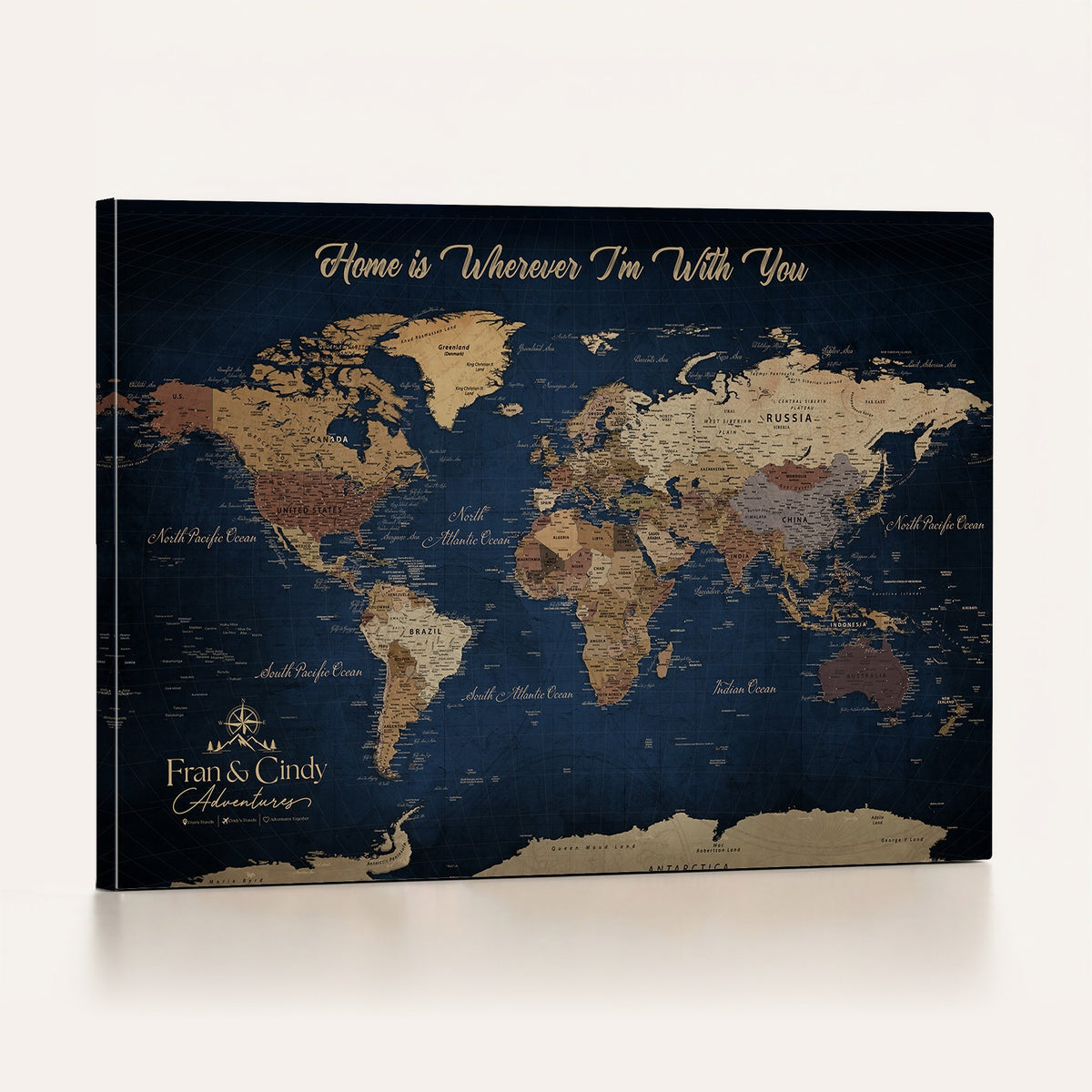 57774467-MGV-CV-36X24 - Custom Framed Deep Blue Geometric Push Pin World Map Wall Art, Next Trip Planner Map, Family Room and Hallway Decor