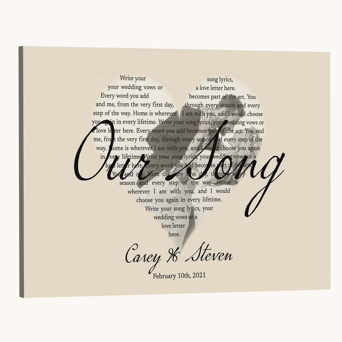 CSTM911D-MGV-CV-36X24 - Lyrics Heart Canvas Print – Personalized Song Lyrics in a Heart Shape Wall Art