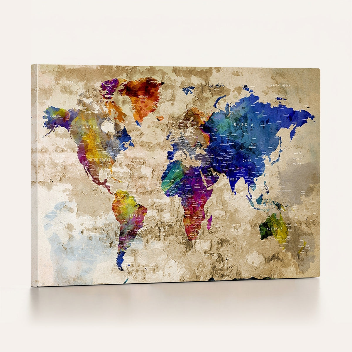 Colorful World Map Canvas Wall Art | Abstract Watercolor Map Print