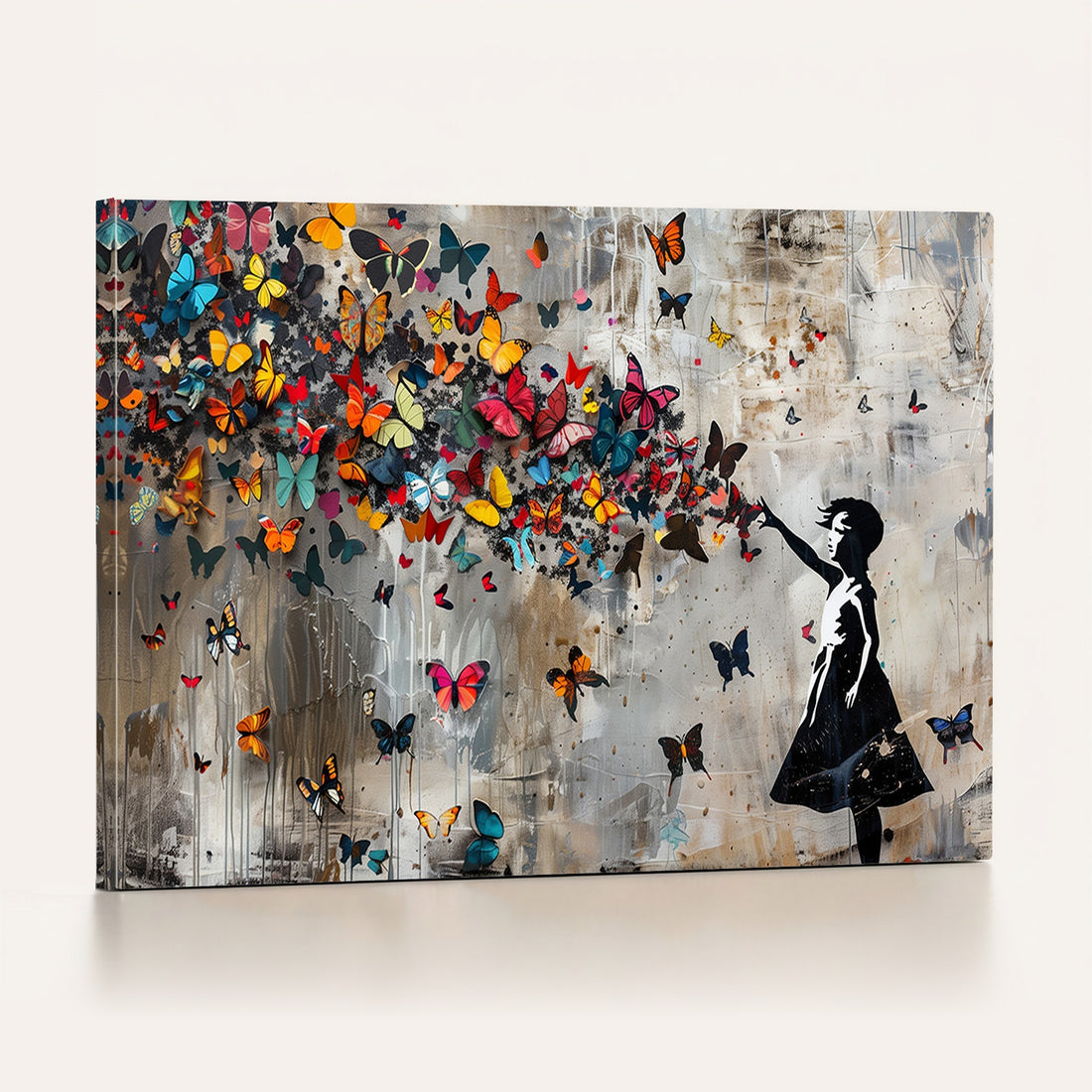 Banksy Wall Art, Banksy Girl and Butterfly Explosion Canvas Print | Extra Large 3 Piece Best Seller Wall Art