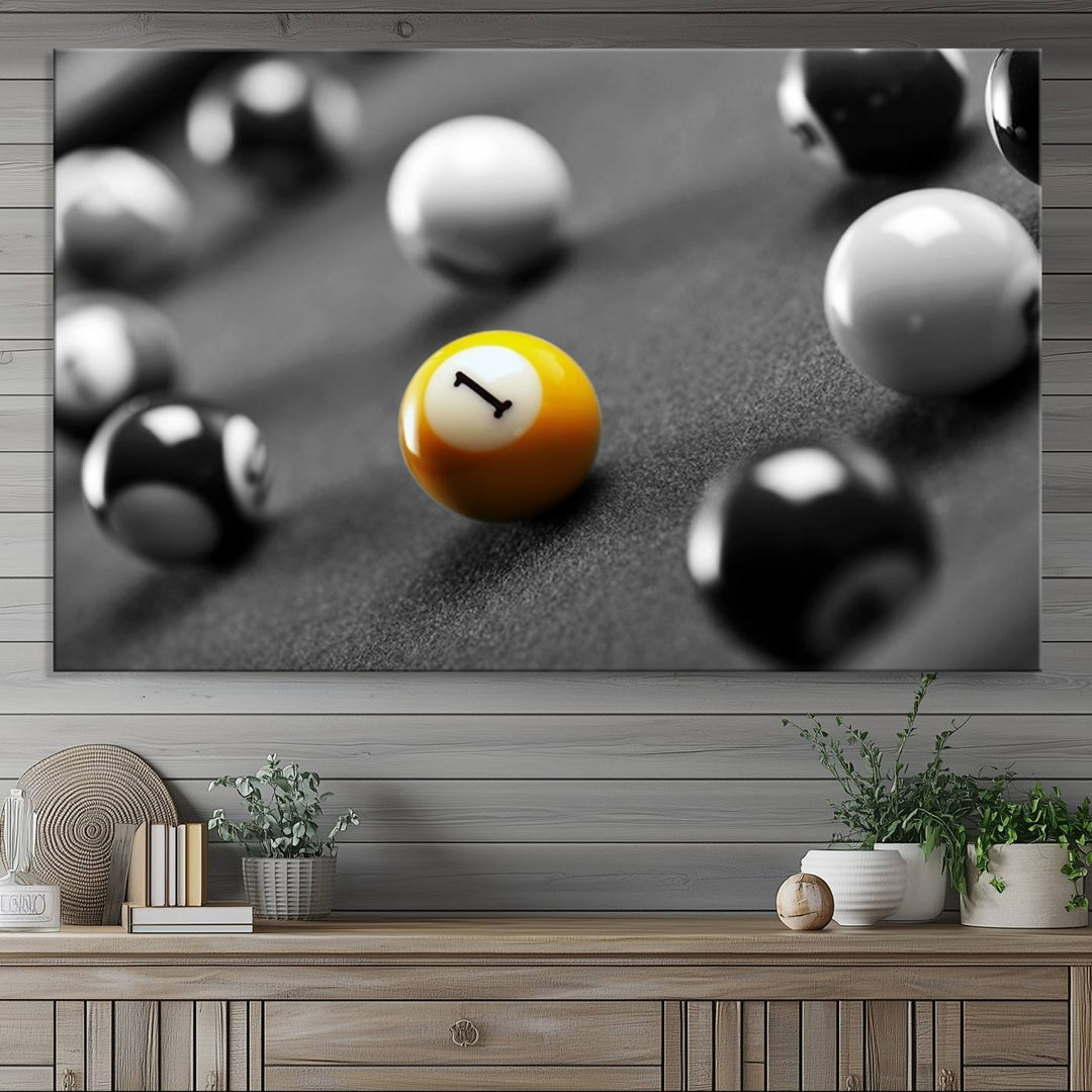 The Black and White Concept Billiard Balls Canvas Print elevates the space with museum-quality charm.