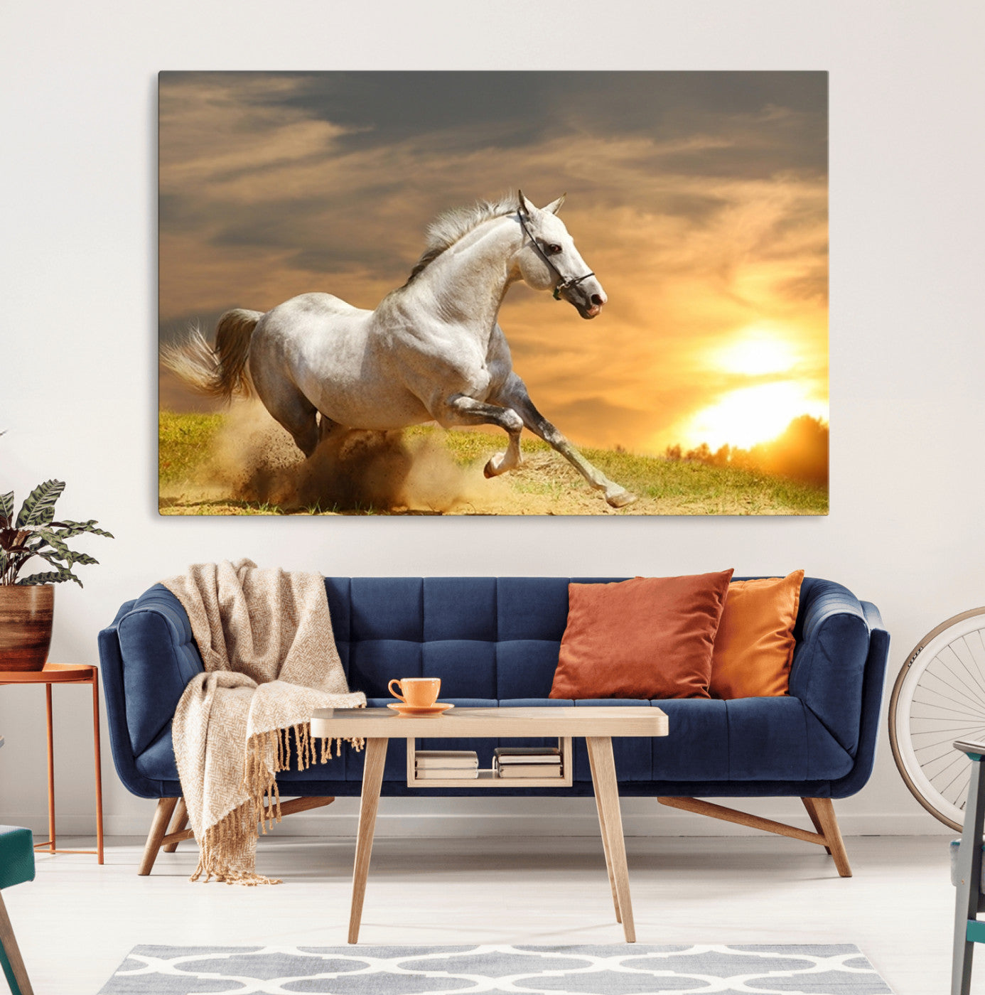 27413-MGV-CV-36X24-Large Wall Art Galloping White Horse at Sunset Canvas Print