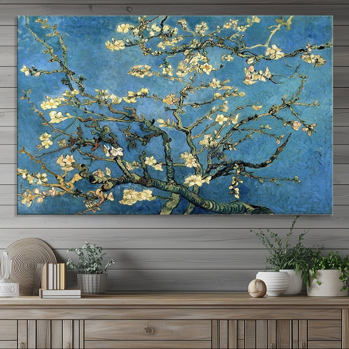 A Van Goghs Almond Blossom canvas print adds a touch of elegance to the wall.