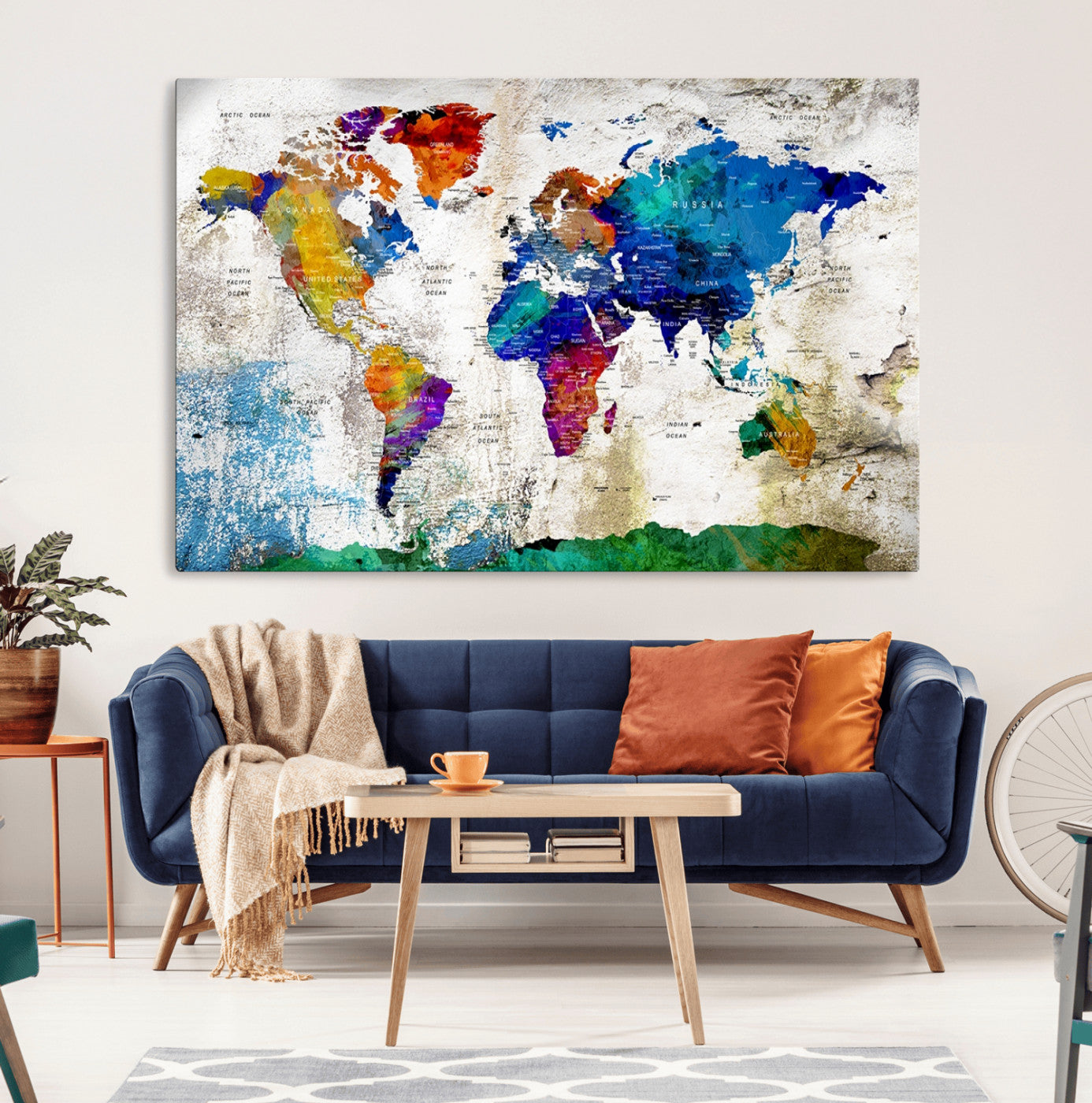 89870-MGV-CV-36X24-Push Pin World Map Canvas Print – Framed Travel Map Wall Art for Couples, Anniversary Gift, Modern Home or Office Decor