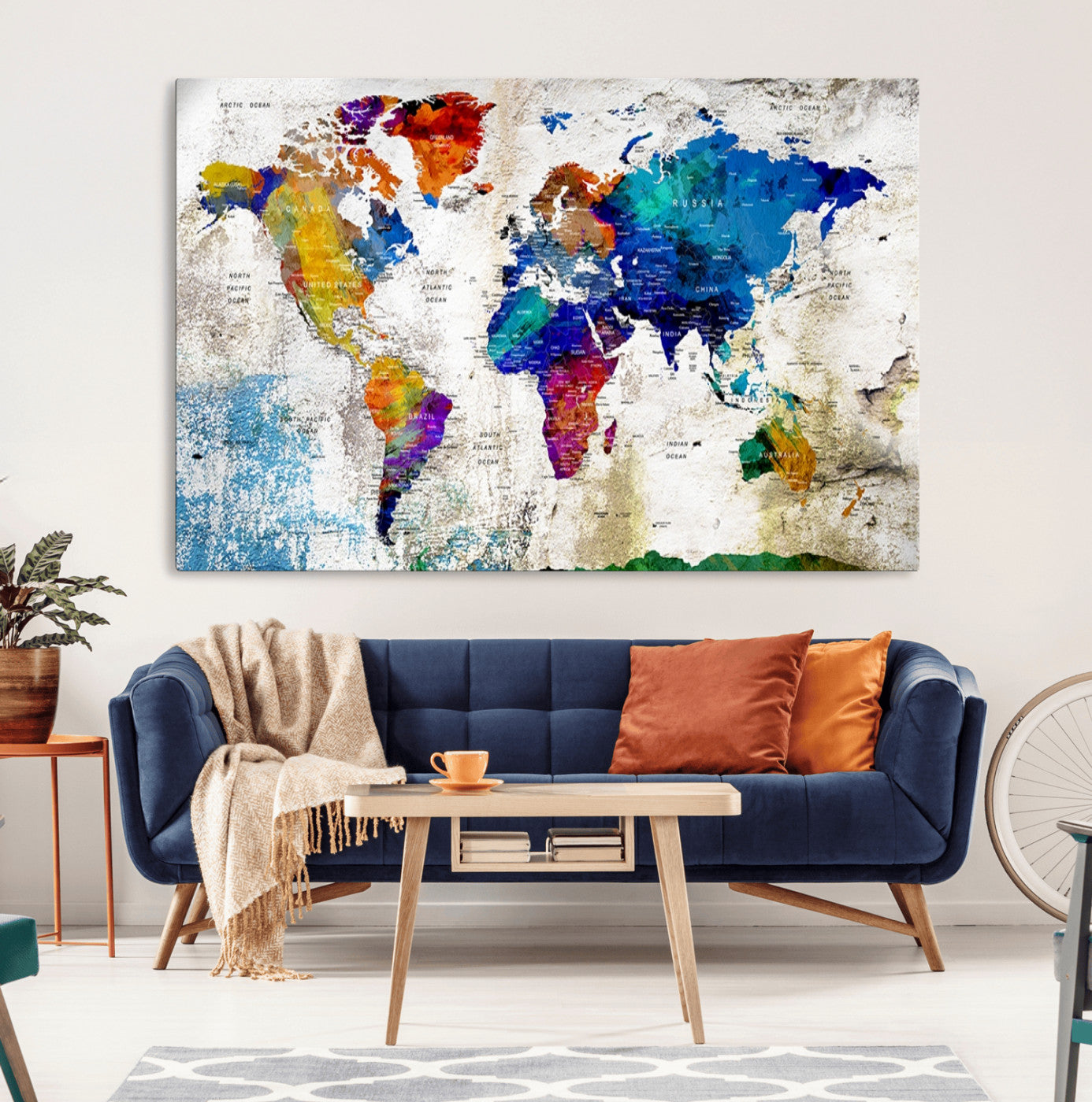 86271-MGV-CV-36X24-Push Pin World Map Canvas Print – Framed Travel Map Wall Art for Couples, Anniversary Gift, Modern Home or Office Decor