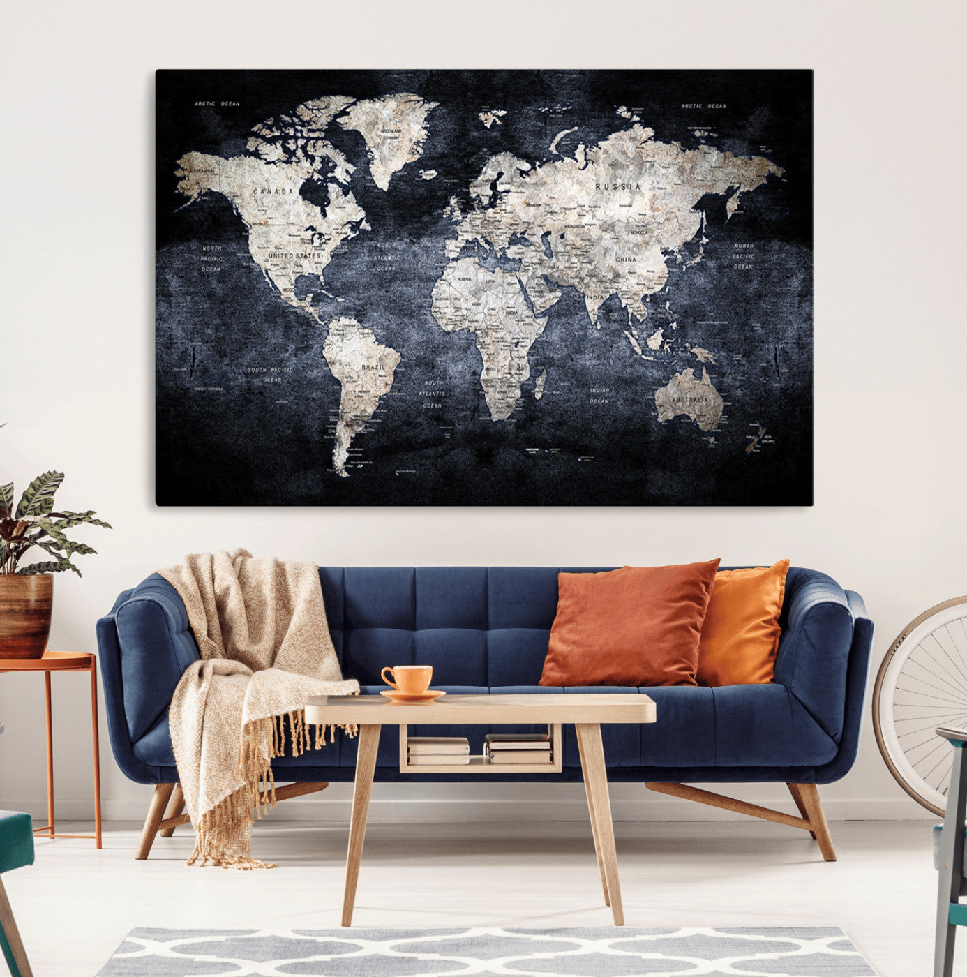 82598-MGV-CV-36X24-Modern Dark World Map Canvas Print – Framed Push Pin Wall Art, Elegant Travel Map Decoration for Home Office or Living Room Decor