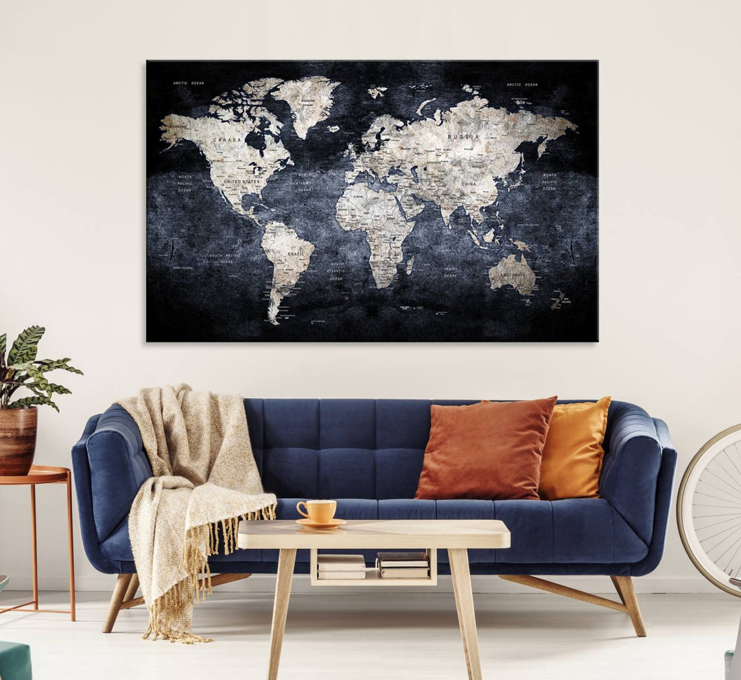 Rustic Black and Bronze World Map Canvas Triptych features white continents on a grunge-stained background.