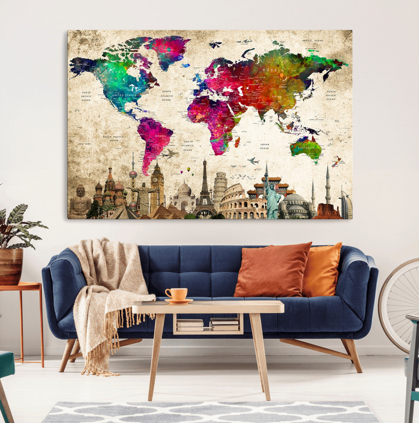 18765-MGV-CV-36X24-Push Pin World Map Canvas Print – Travel Tracker Wall Art for Couples, Perfect Anniversary Gift for Home or Office Decor