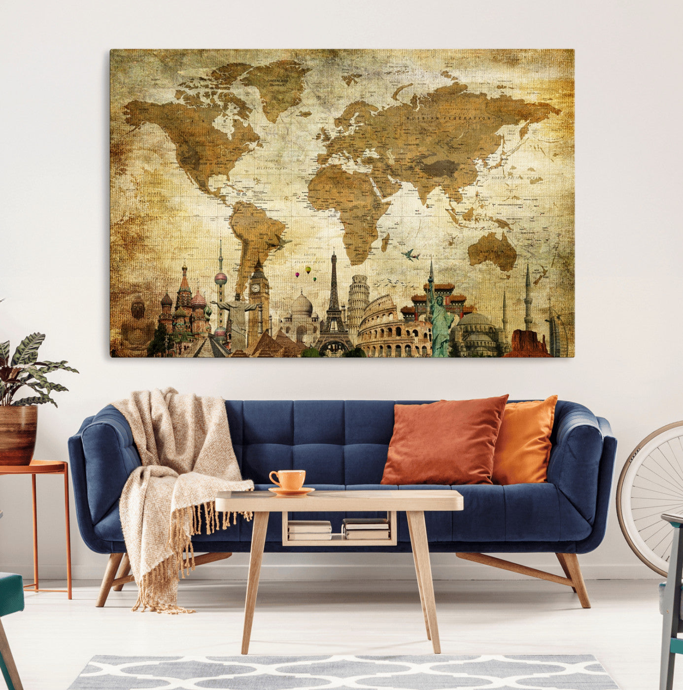 97849-MGV-CV-36X24-Vintage World Map Canvas Wall Art – Framed Push Pin Travel Map with Famous Landmarks, Rustic Home and Office Decor Artwork for Travelers