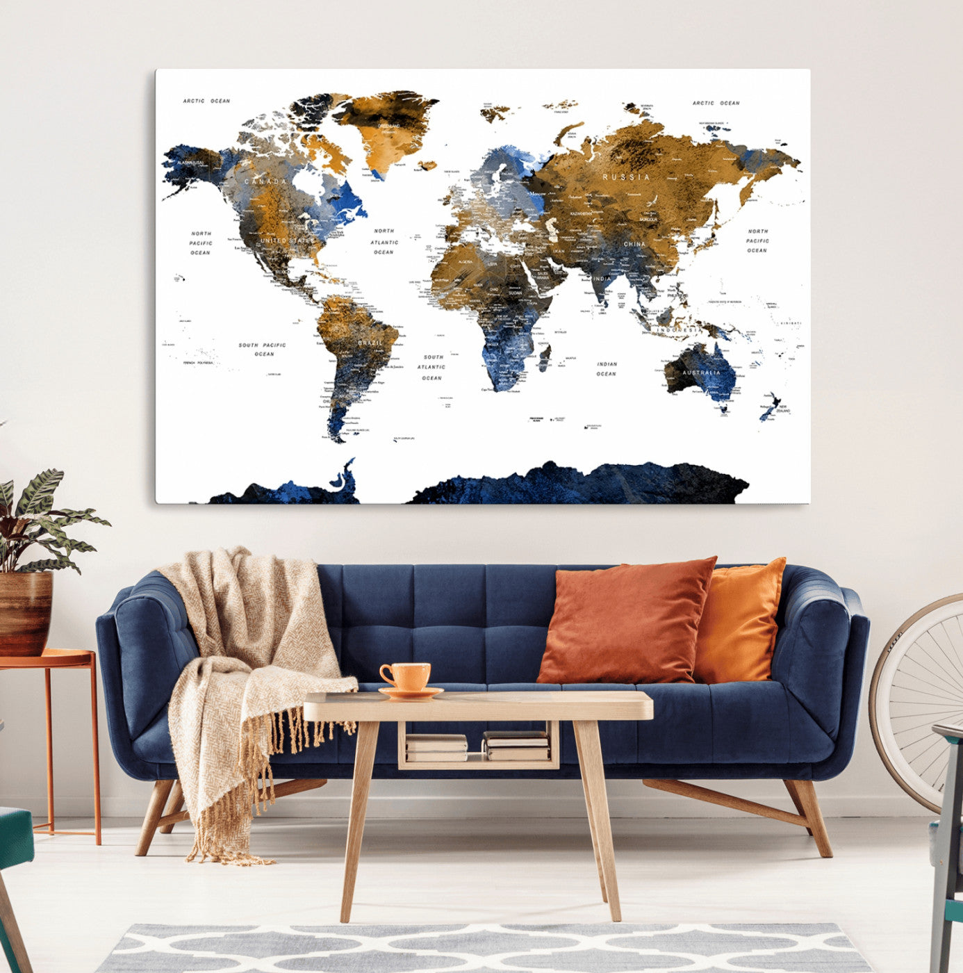 56231-MGV-CV-36X24-Navy and Gold World Map Canvas Wall Art – Framed Modern World Map Print, Elegant Travel Inspired Artwork for Home and Office Decor