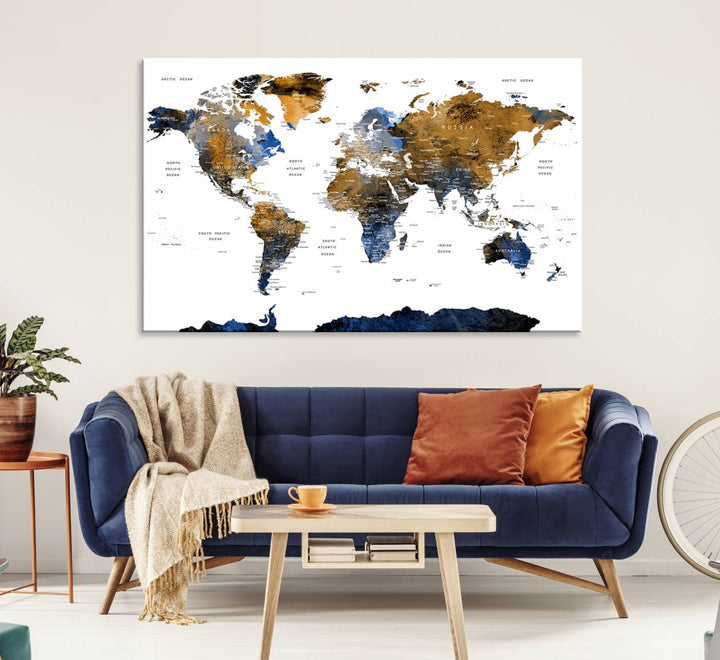 The Watercolor World Map Canvas showcases a grunge-stained background in gold, gray, and blue hues.