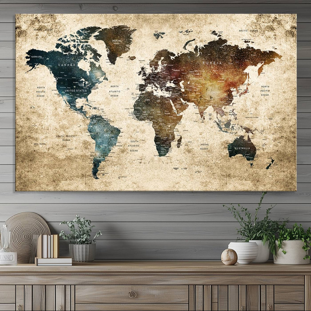 Vintage World Map Canvas Wall Art, perfect for antique-style decor, displayed against a light wood wall.