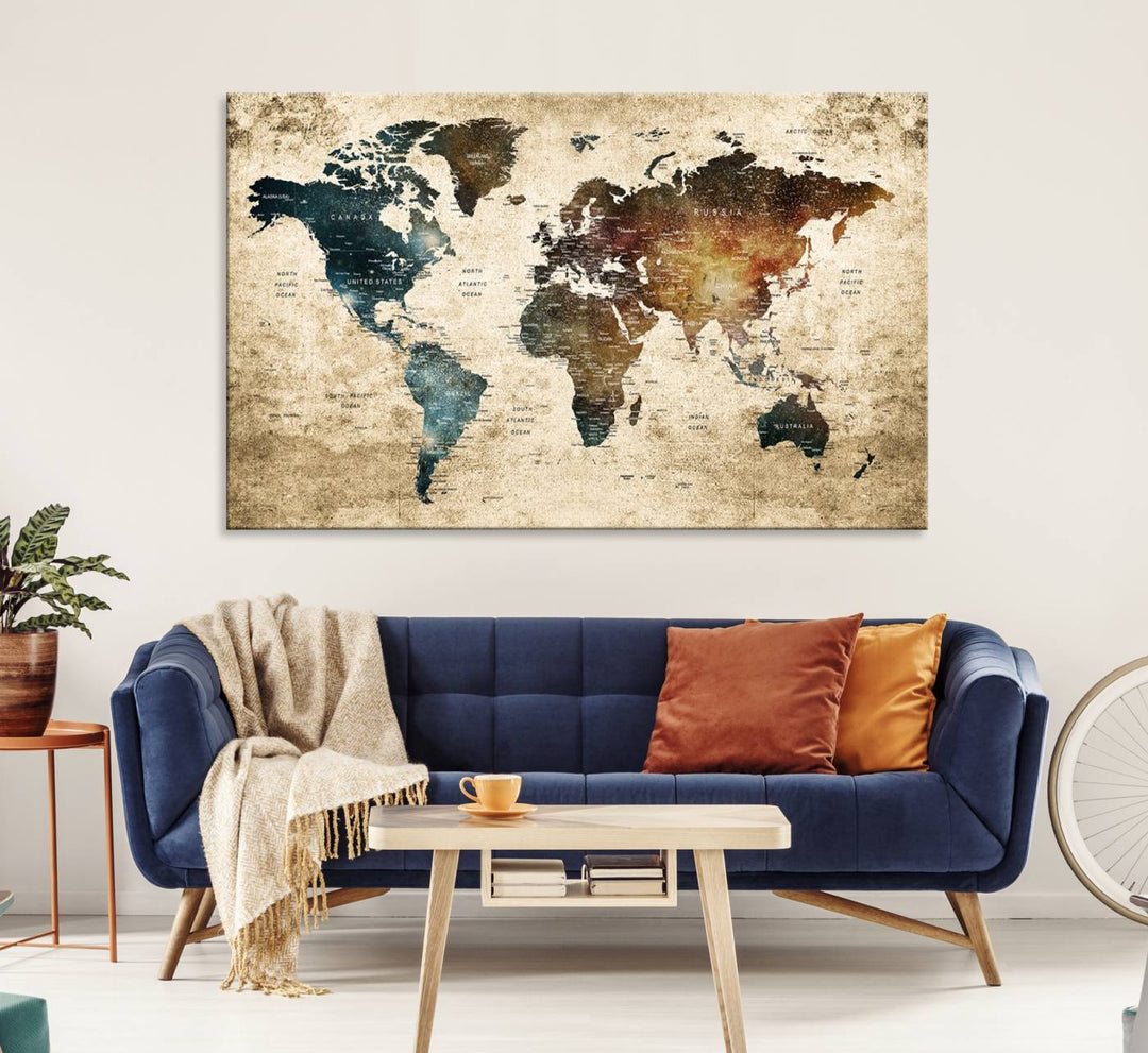 Grunge World Map Canvas featuring earth-toned continents, suitable for study, office, or living room.