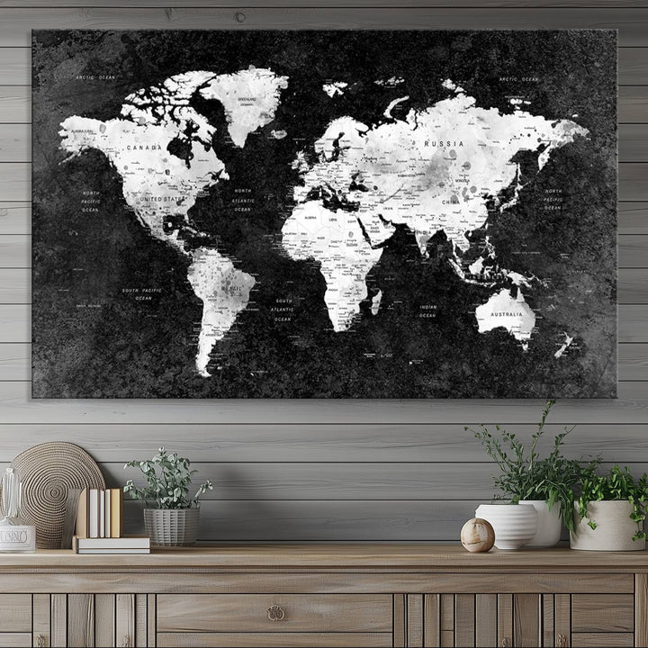 The dining room features a Modern Grayscale World Map 3-Panel Canvas Art as its focal point.