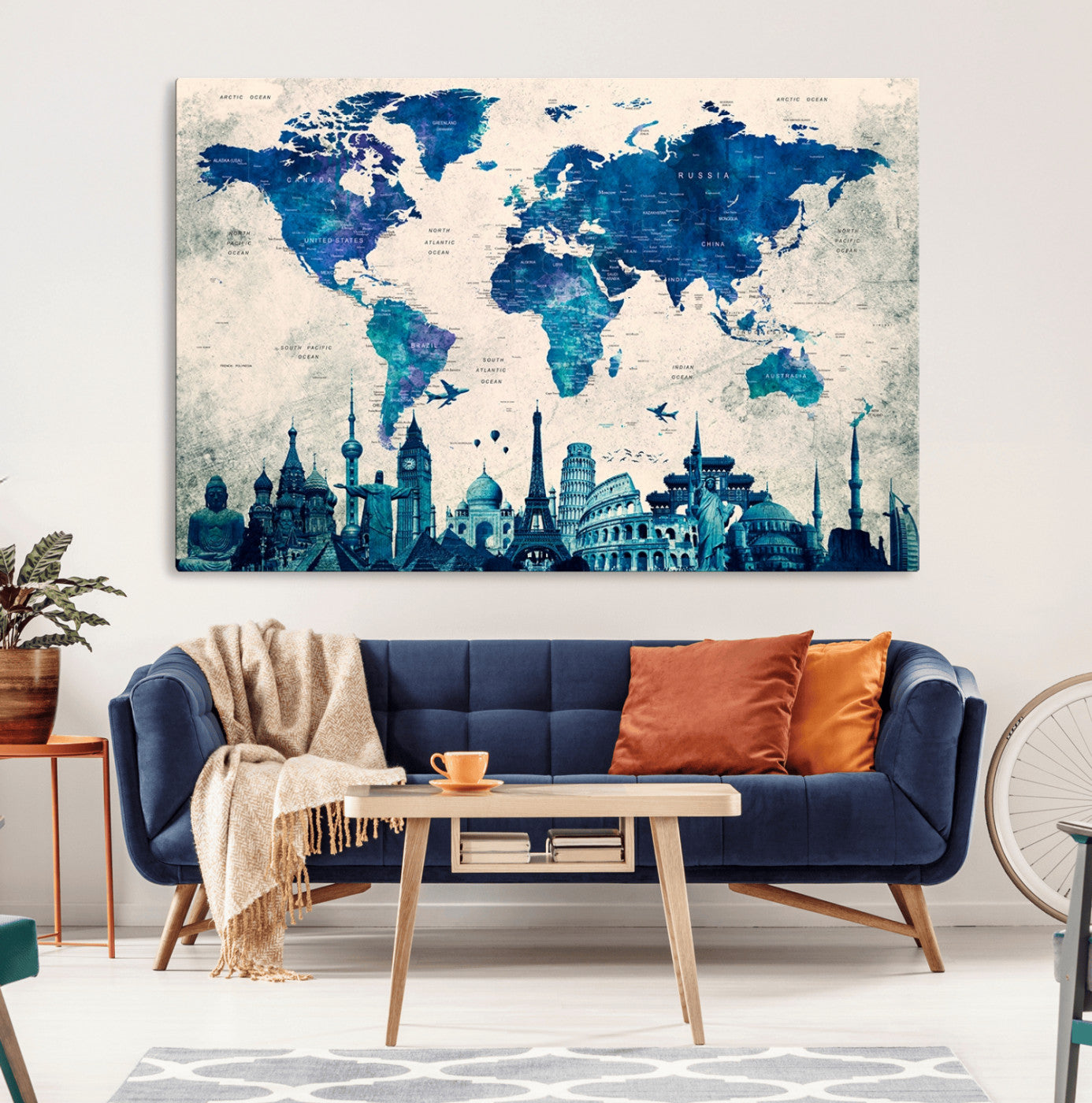 -Navy Blue World Map Canvas Print, Wonder of World Map Push Pin Canvas Print