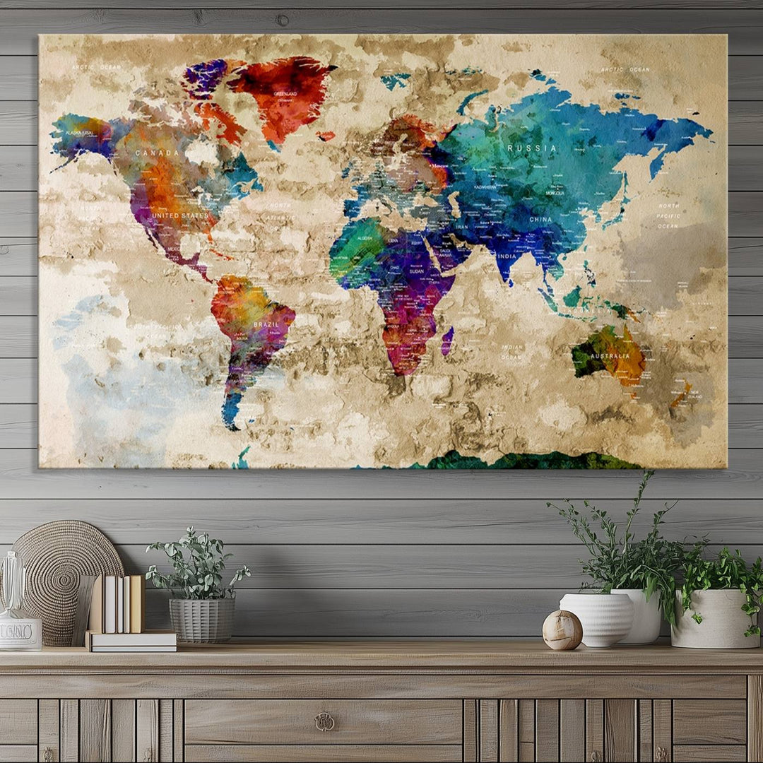 An Abstract Large Watercolor World Map Canvas Print hangs prominently.