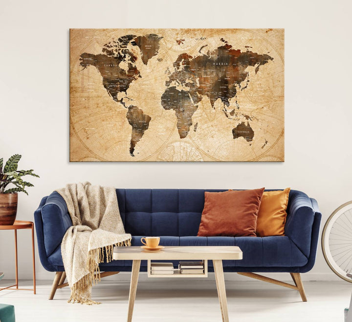 Vintage World Map Wall Art | 3 Panel Large Canvas Art | Antique World Map Canvas Print | Rustic Map Wall Art, Framed Gallery Wrapped