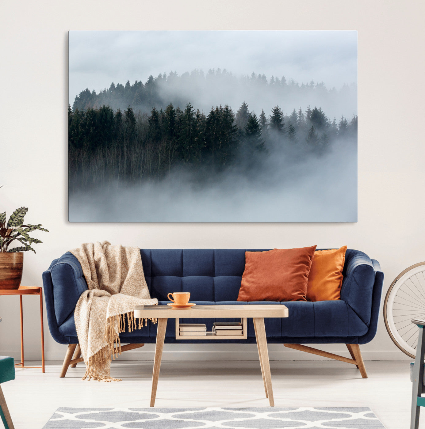 MGV-CV-36X24 - Autumn and Misty Trees in the Forest Wall Art Canvas Print, Foggy Forest Mountain Wall Art Canvas