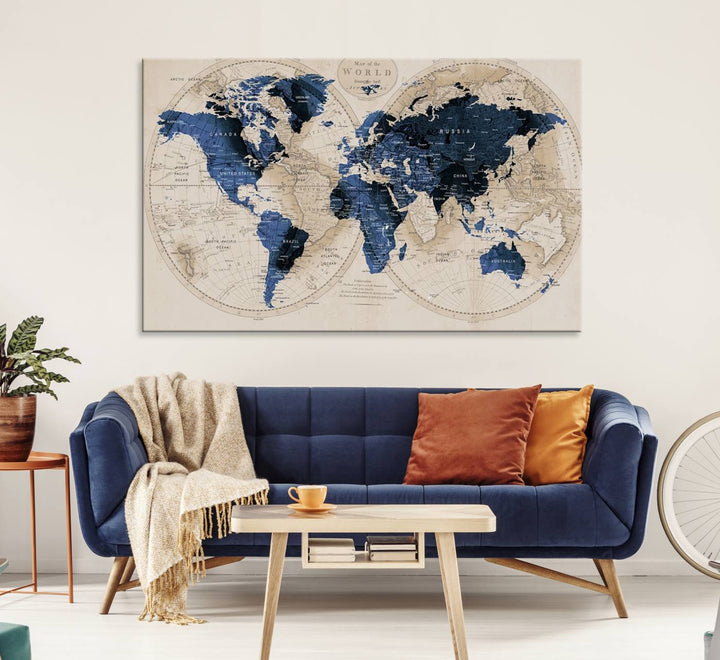 Vintage Triptych Map Print - Antique World Map Canvas Wall Art – Vintage Triptych Blue and Beige Map Print