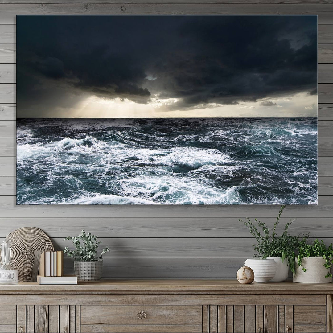 A Dark Clouds Stormy Sea canvas print, ready to hang, enhances the room.