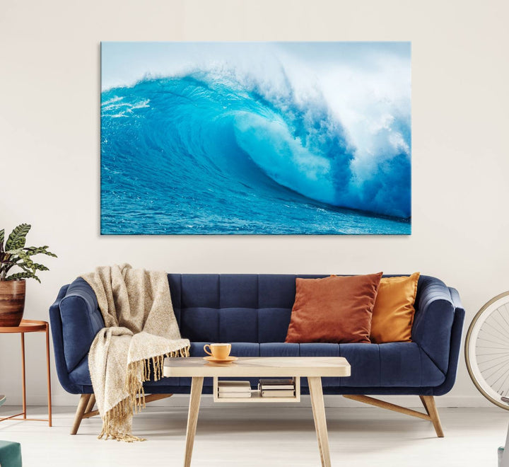 A museum-quality canvas depicting a vibrant blue ocean wave with white foam under a clear sky.