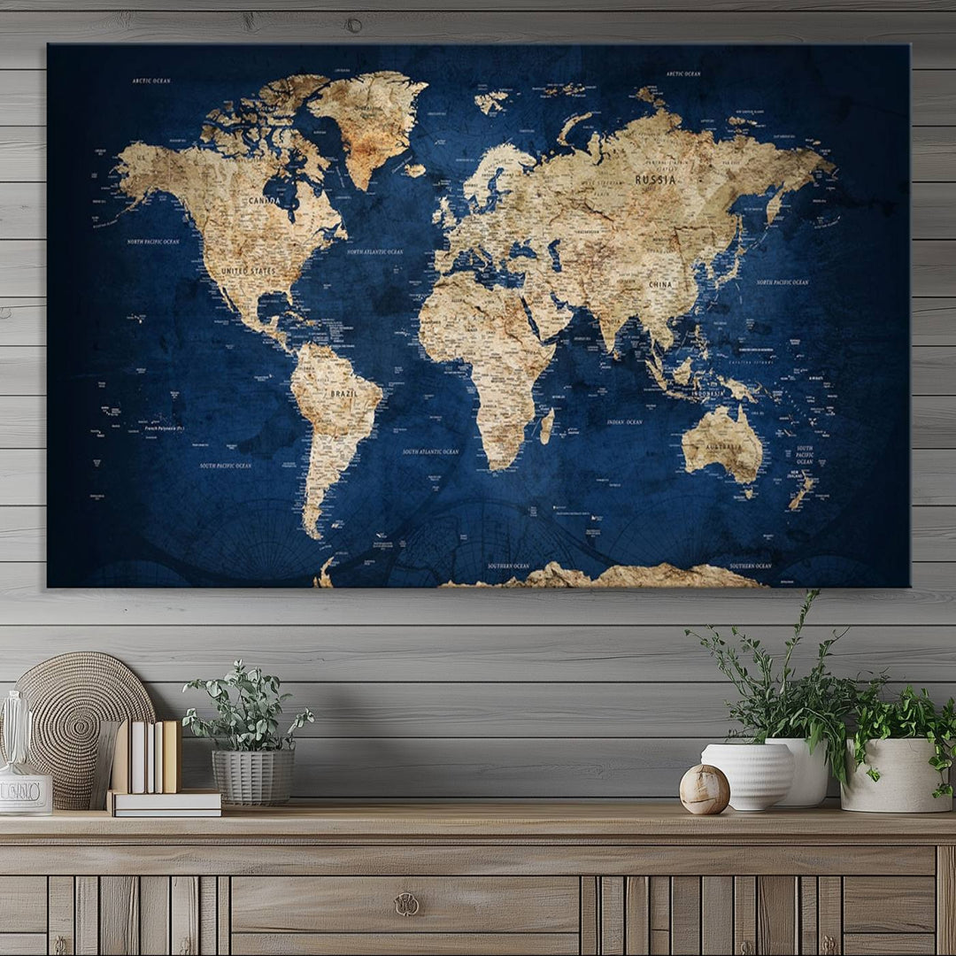 Classic Vintage Blue World Map Canvas Print featuring beige continents against a deep blue background.