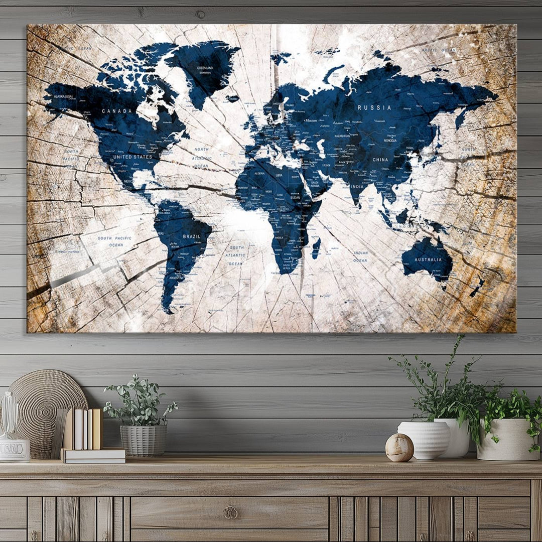 The Vintage World Map on Grunge Background Canvas serves as the focal point of the room.