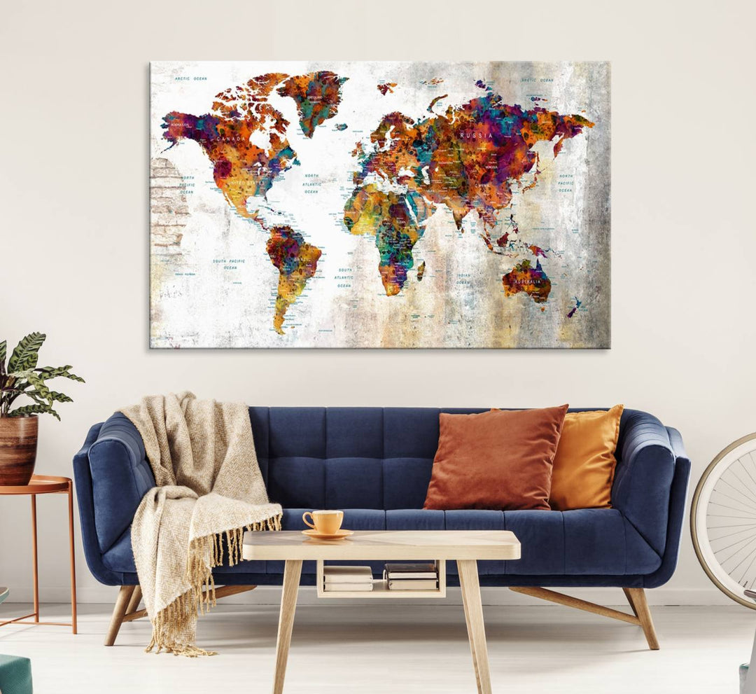 A vibrant Grunge Map Canvas Wall Art Set (3 Panels) for home or office decor, perfect for travel enthusiasts.