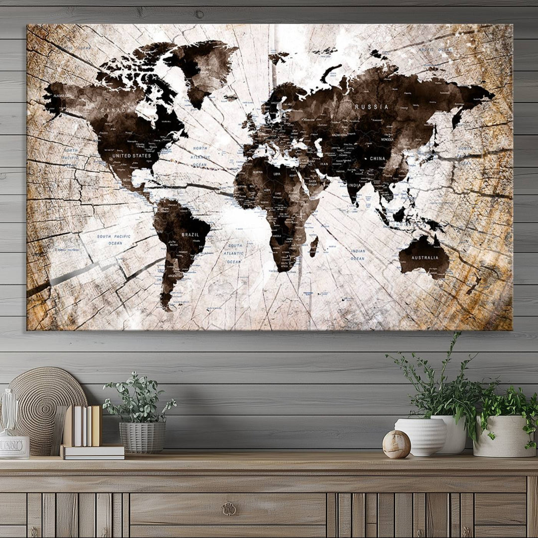 The Tree Ring World Map Canvas hangs above the table, blending into the nature-inspired setting.