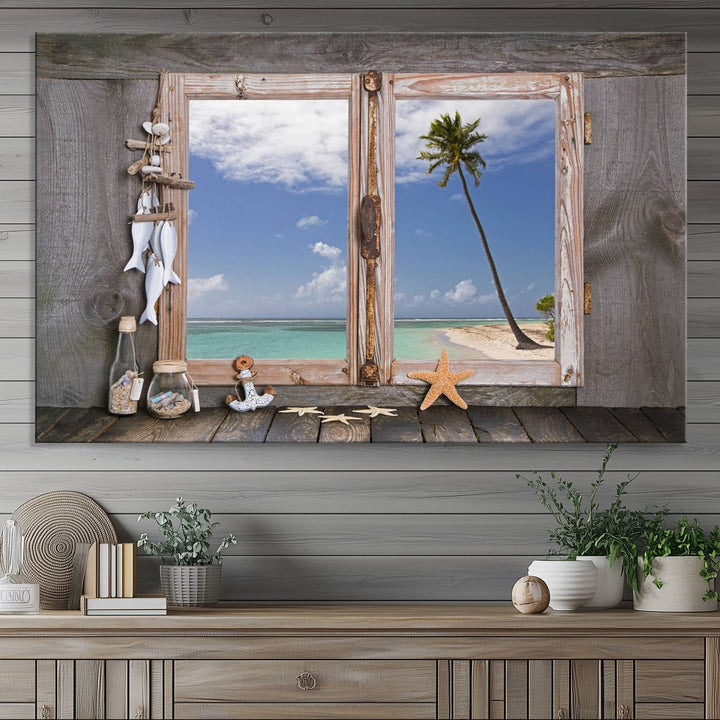 The Window Wall Art Relaxing Beach features seashells and a rustic window frame.