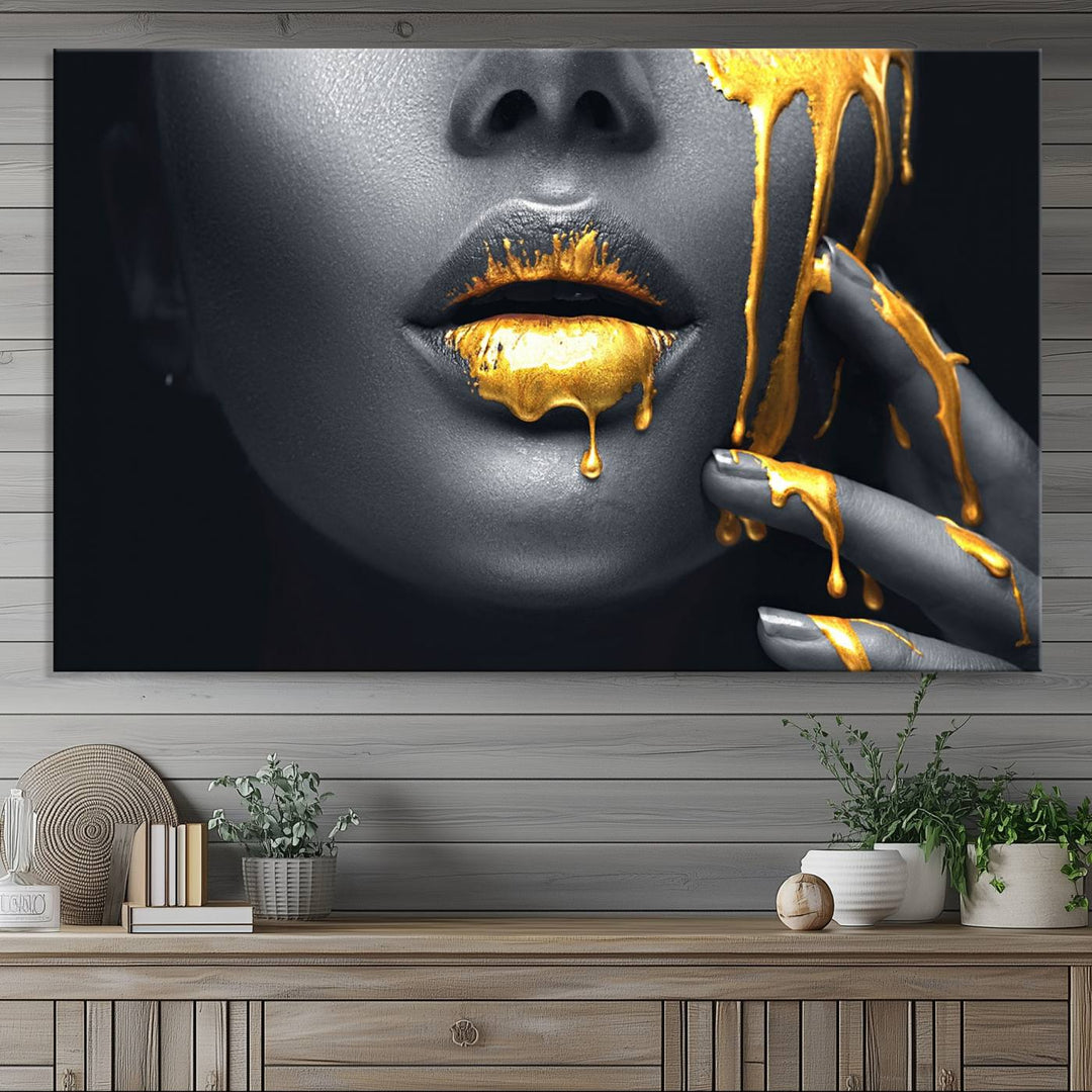 The Gold Lips and Black Woman Makeup Canvas Print features a chic monochrome face design, making it ideal for a modern dining room.