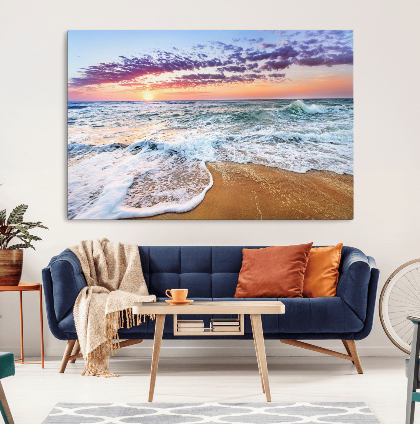 MGV-CV-36X24 - Coastal Sunset Art Beach Canvas Wall Art Print | Ocean Waves Wall Art | Large 3-Panel Seascape for
