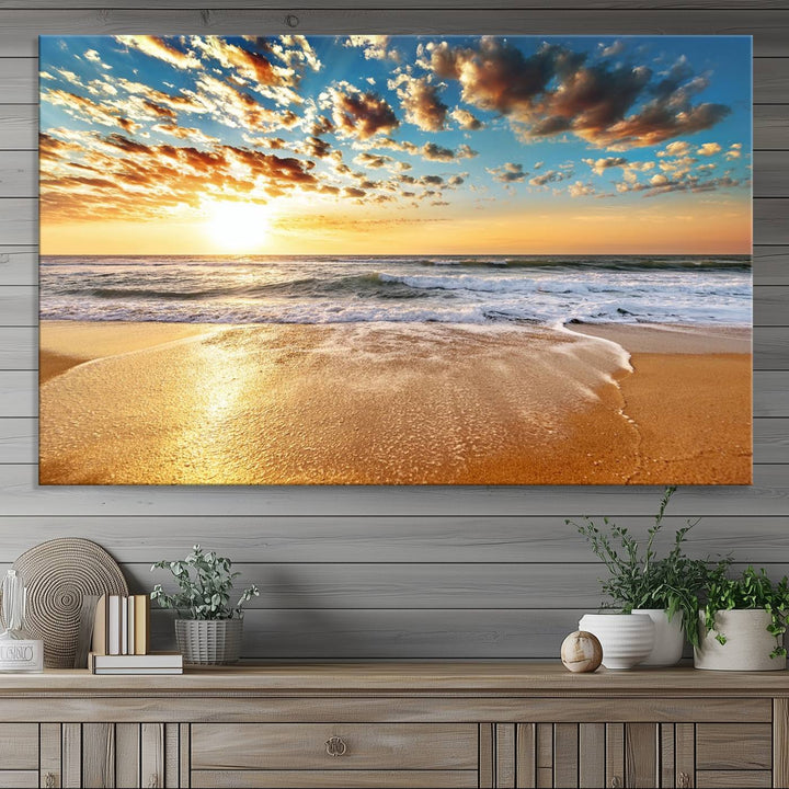 A gallery-wrapped canvas titled Soothing Sunset on Calm Beach is featured.