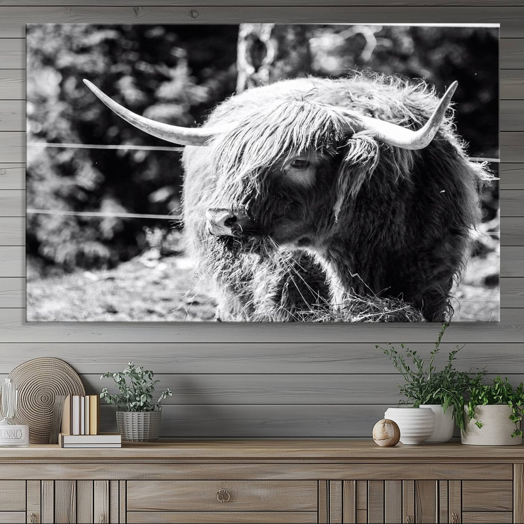 The black and white Highland Cow Canvas Wall Art adds farmhouse elegance to the space.