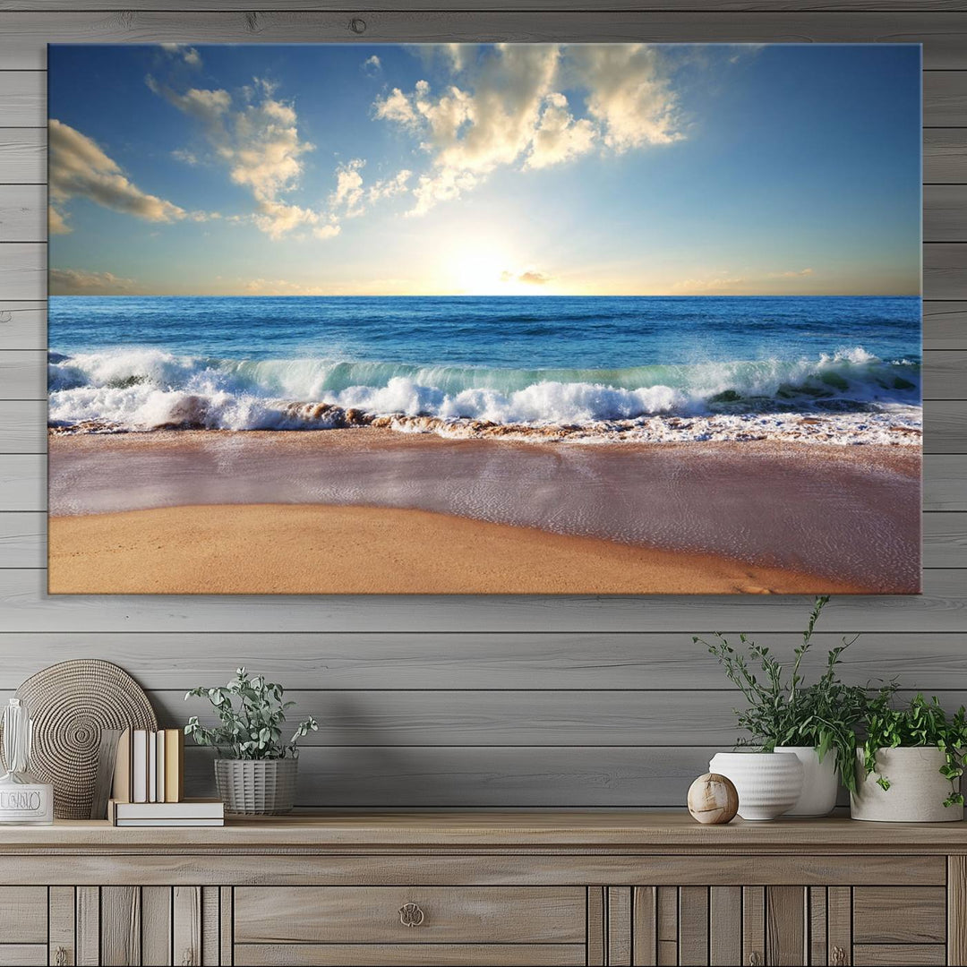 The dining room features a Coastal Tropical Beach Sunset canvas wall art.