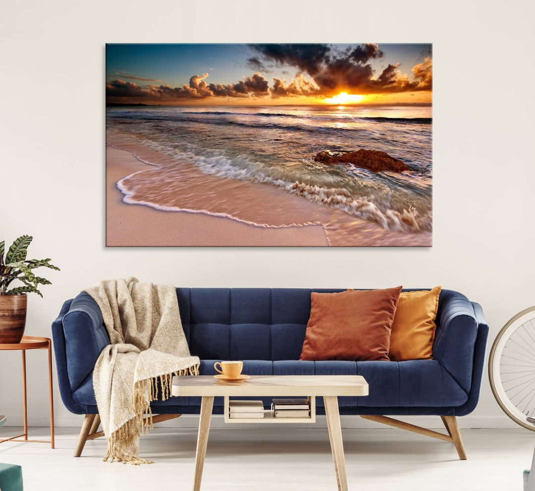 The Sunset on Ocean Wall Art Canvas Print beautifully captures a beach sunset, gentle waves, and a peaceful atmosphere.