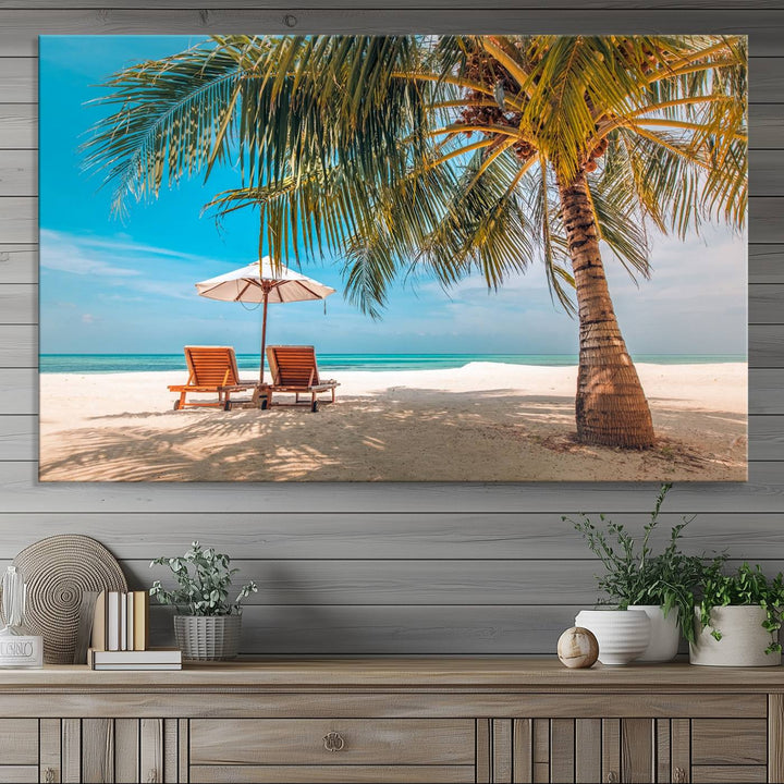 The 3-panel Tropical Beach Wall Art features palm trees and sun loungers, perfect for coastal decor.