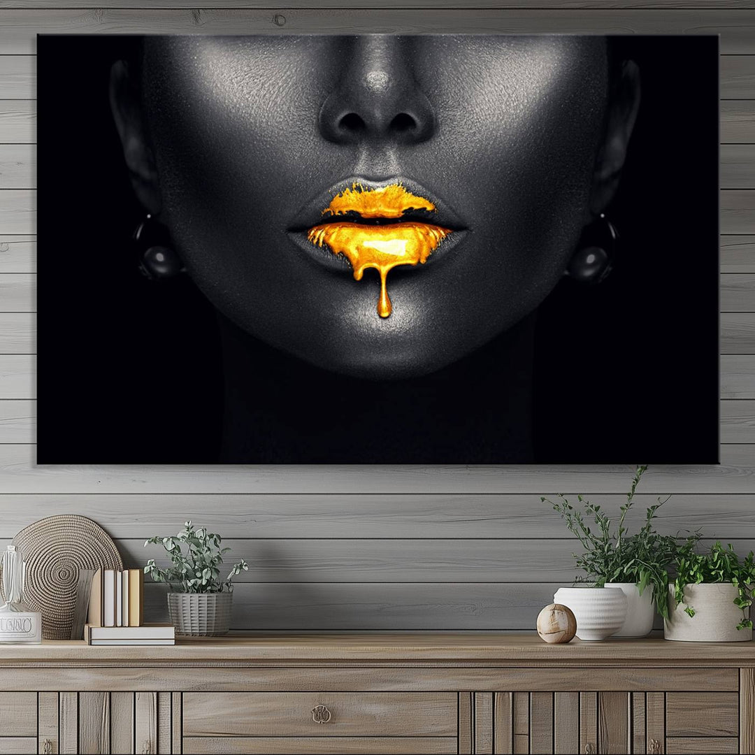 The Honey Gold Lips and Black Woman Photograph canvas print adds a striking touch to the room.